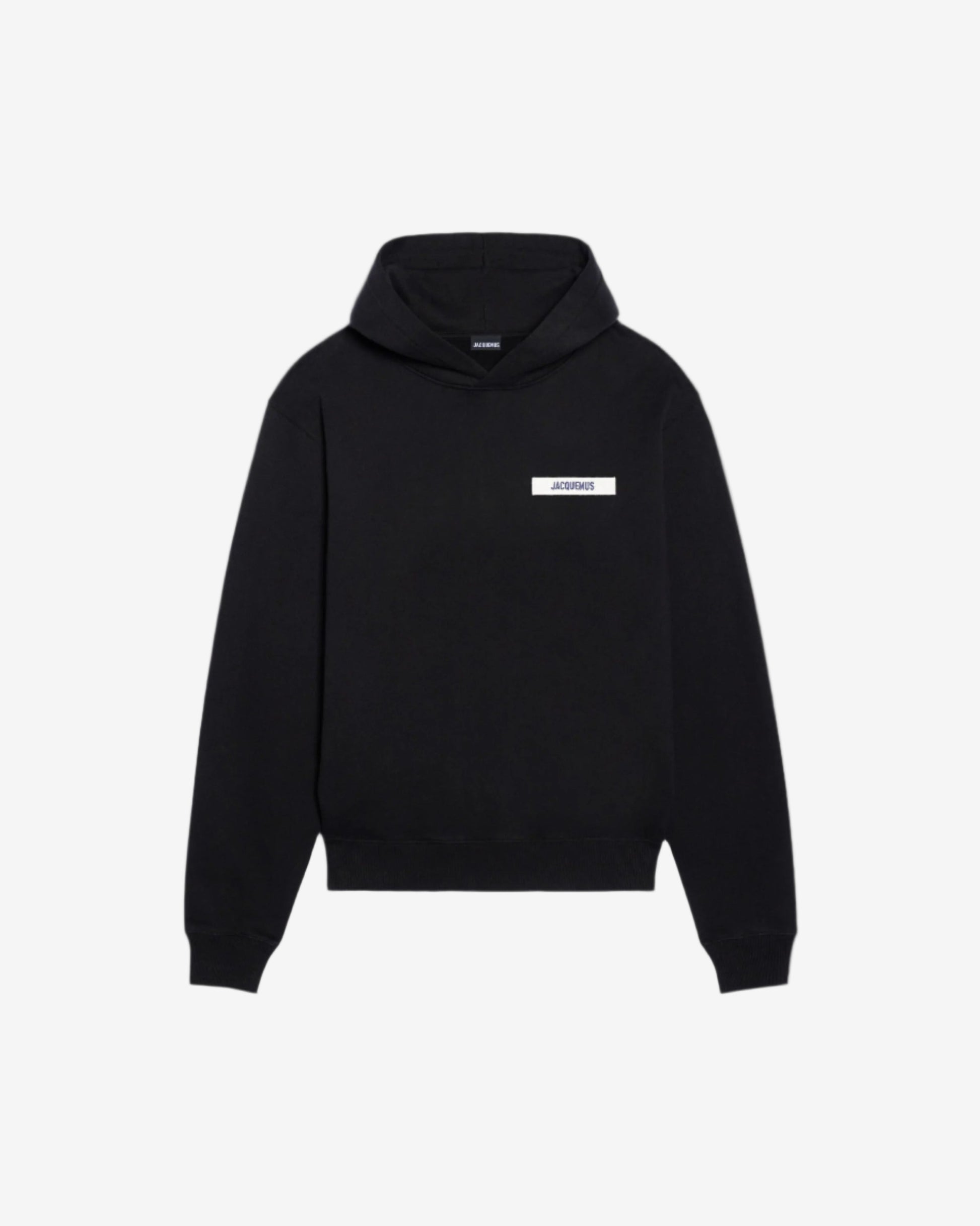 Person wearing a black hoodie with a brand logo on a white background