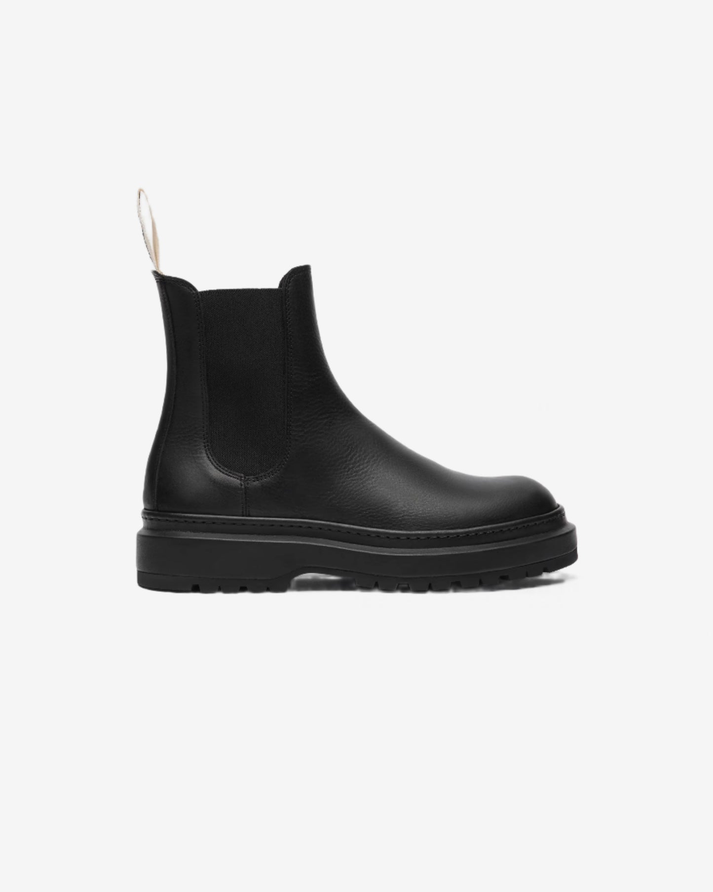 Black rubber boot on a white background