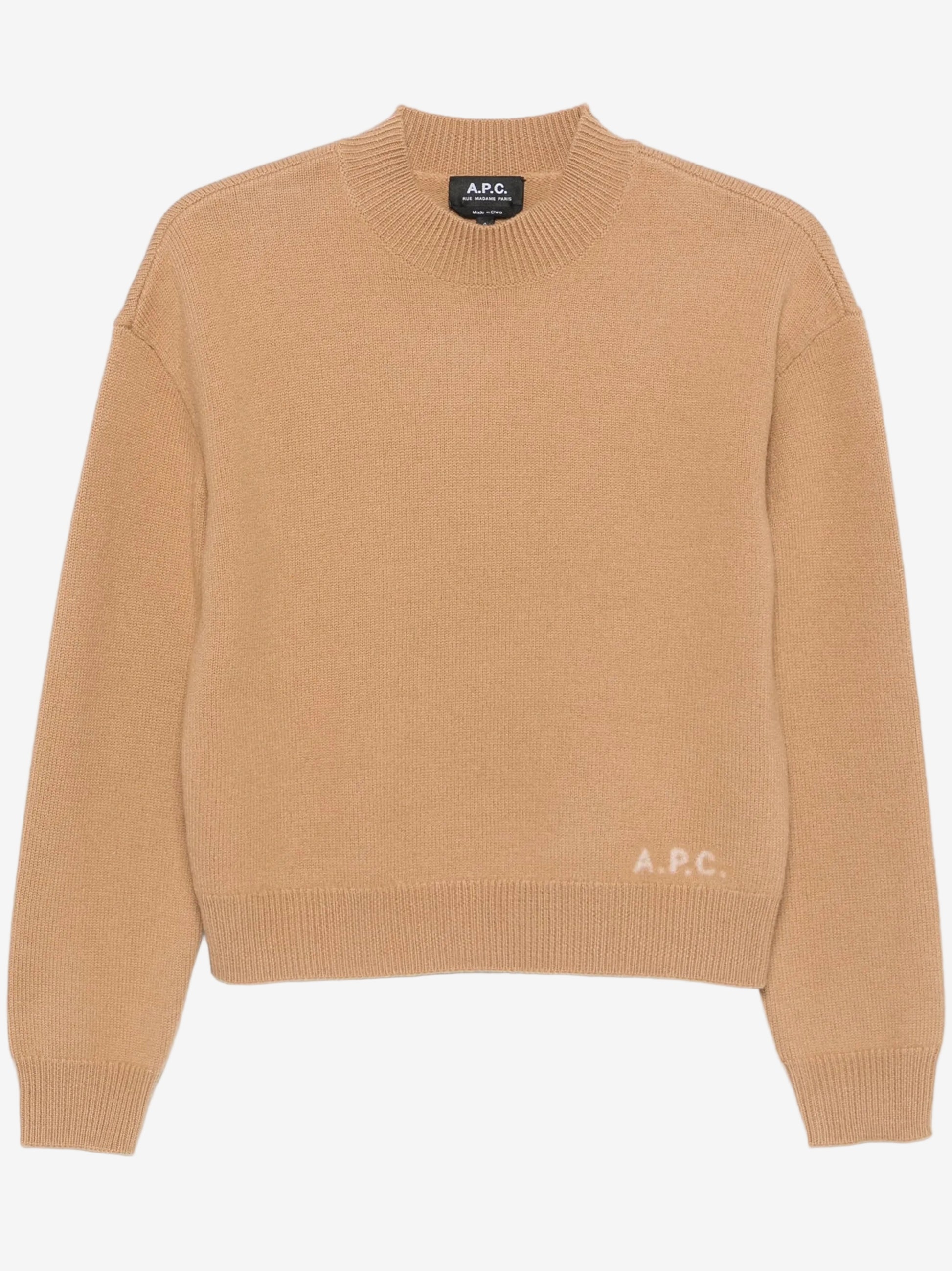 Beige sweater with 'A.P.C.' branding on a white background