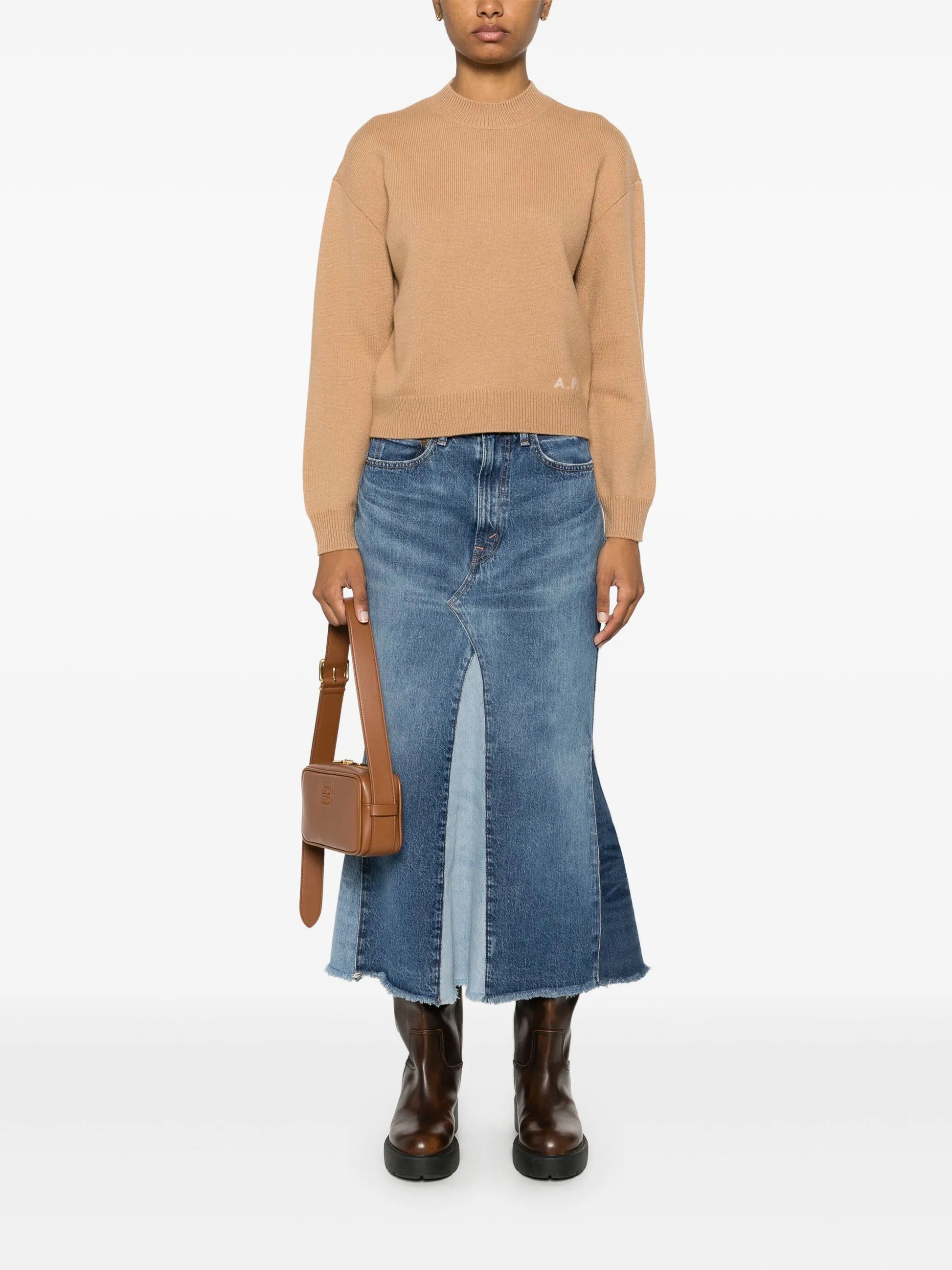 Beige sweater with 'A.P.C.' branding on a white background
