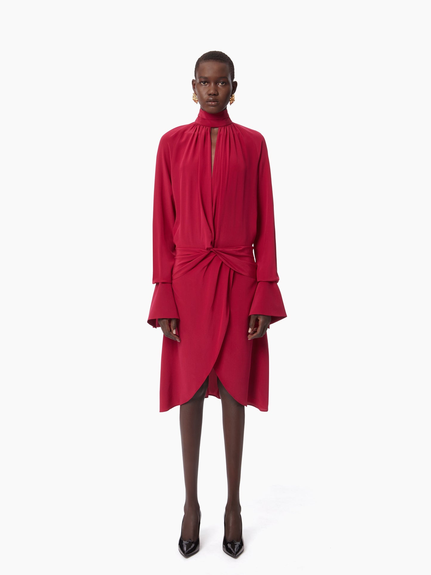 High-neck silk midi dress