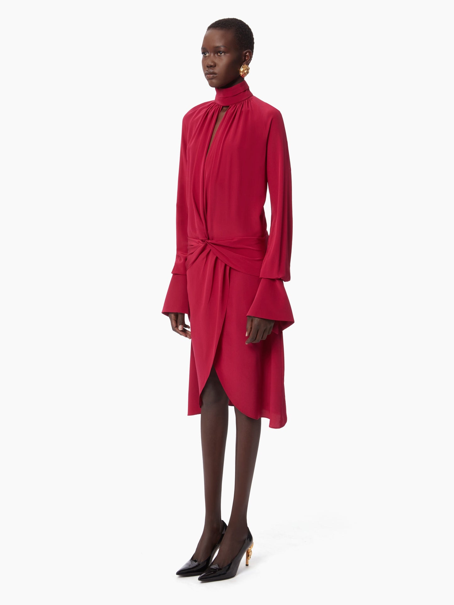 High-neck silk midi dress