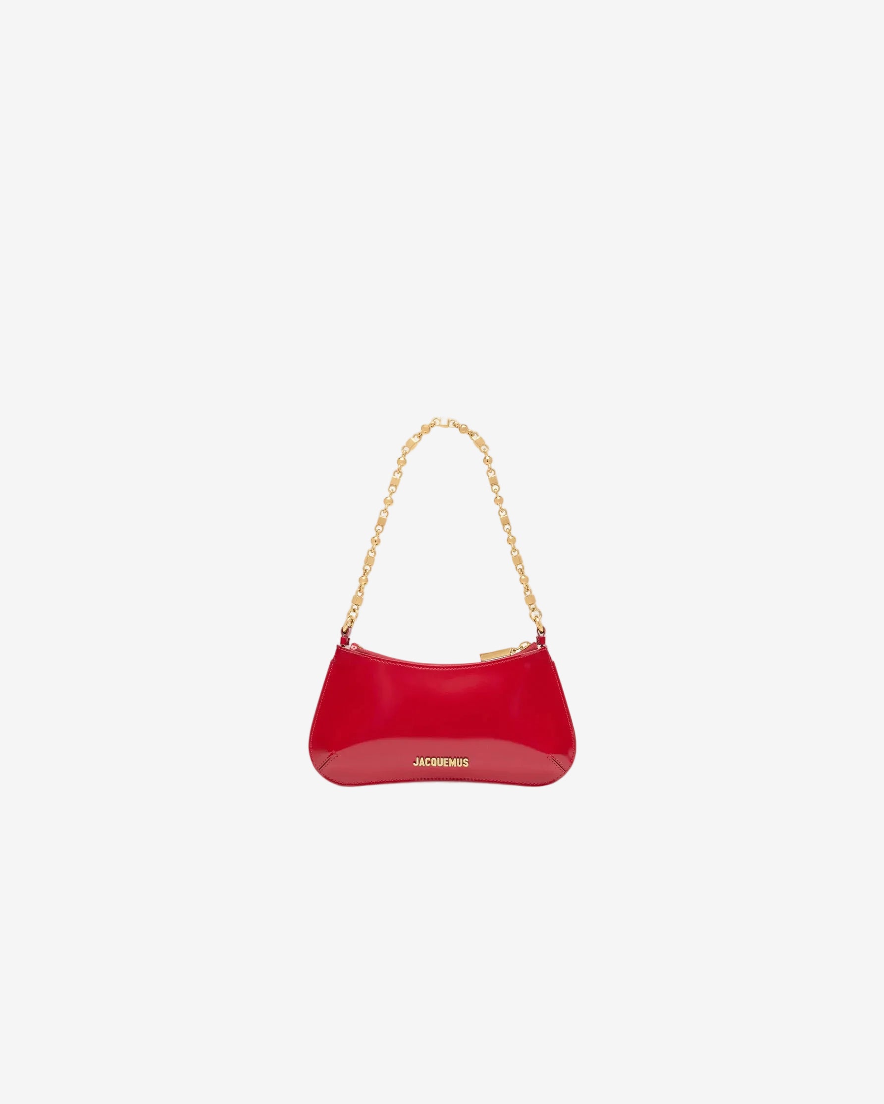 Red handbag with gold chain strap on a white background