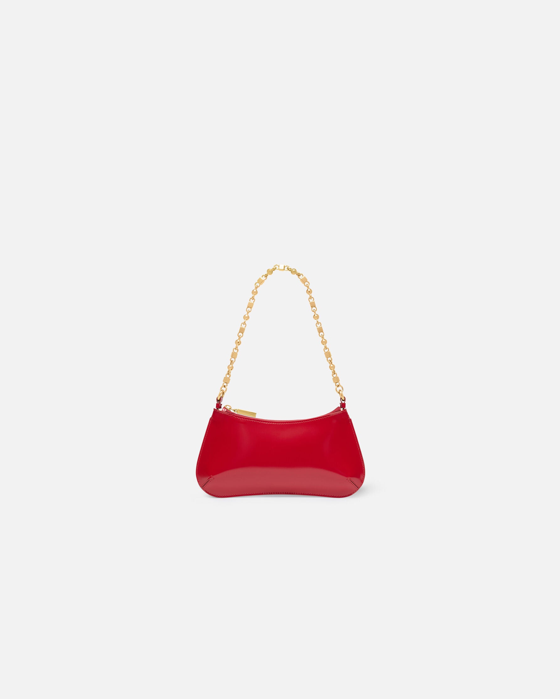 Red handbag with gold chain strap on a white background
