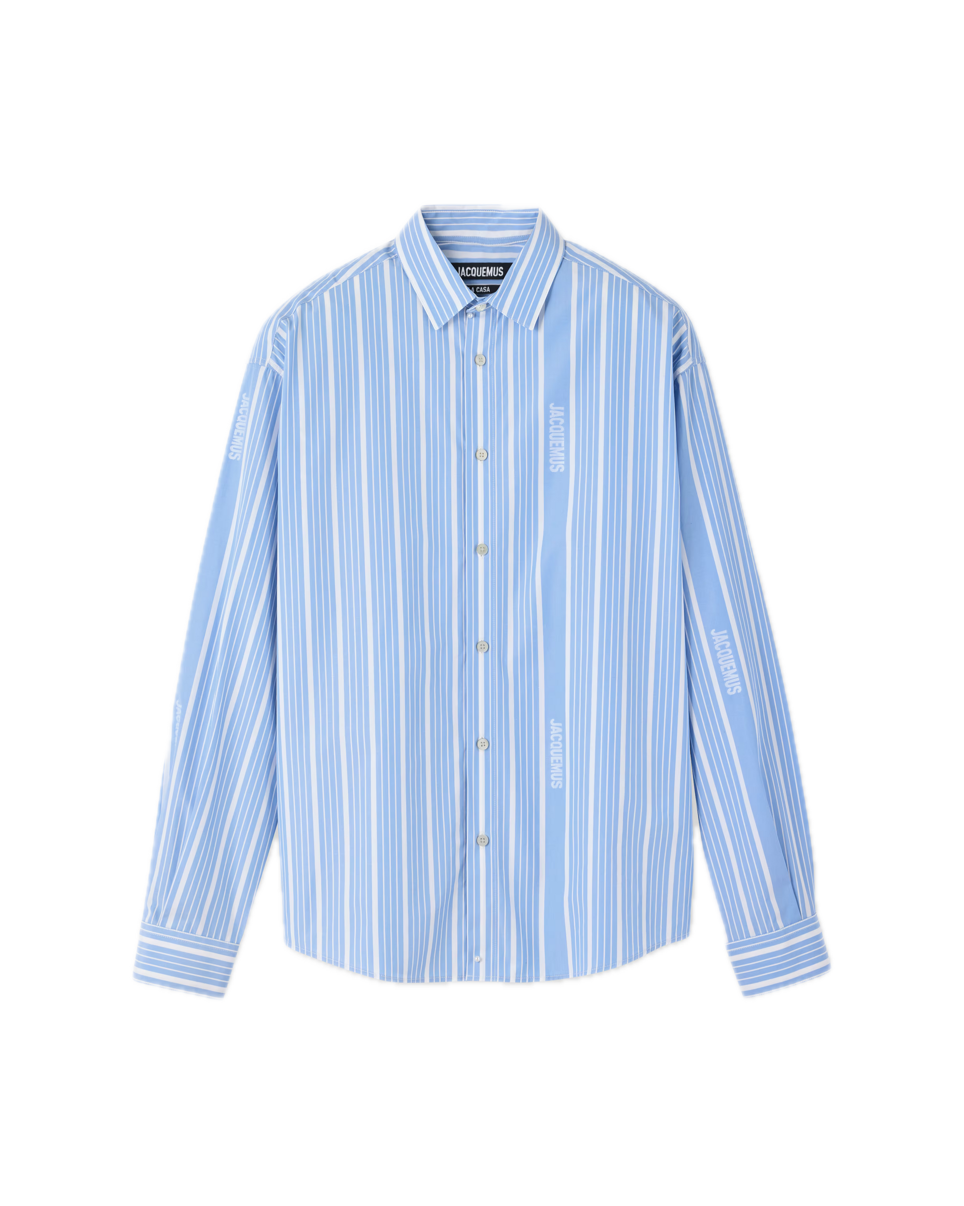 Blue and white striped shirt on a white background