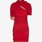 Red dress with a draped design on a white background