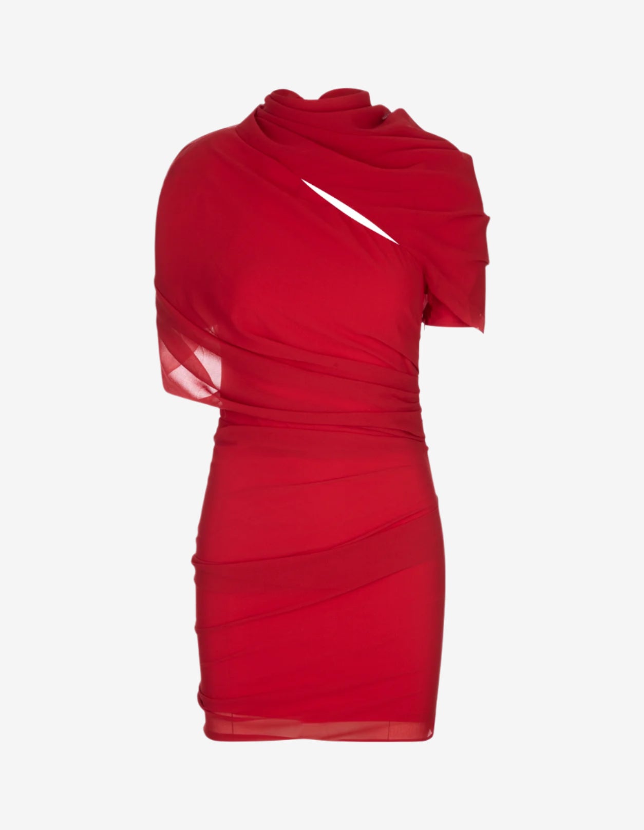 Red dress with a draped design on a white background