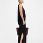 Black strapless gown on a white background