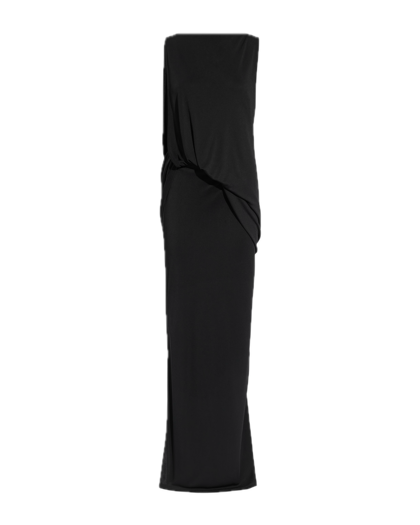 Black strapless gown on a white background