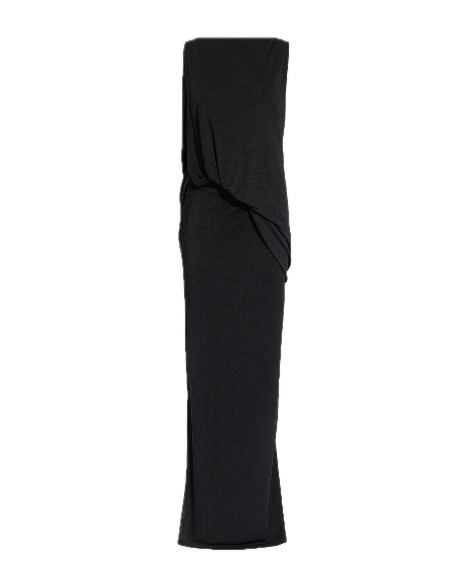 Black strapless gown on a white background