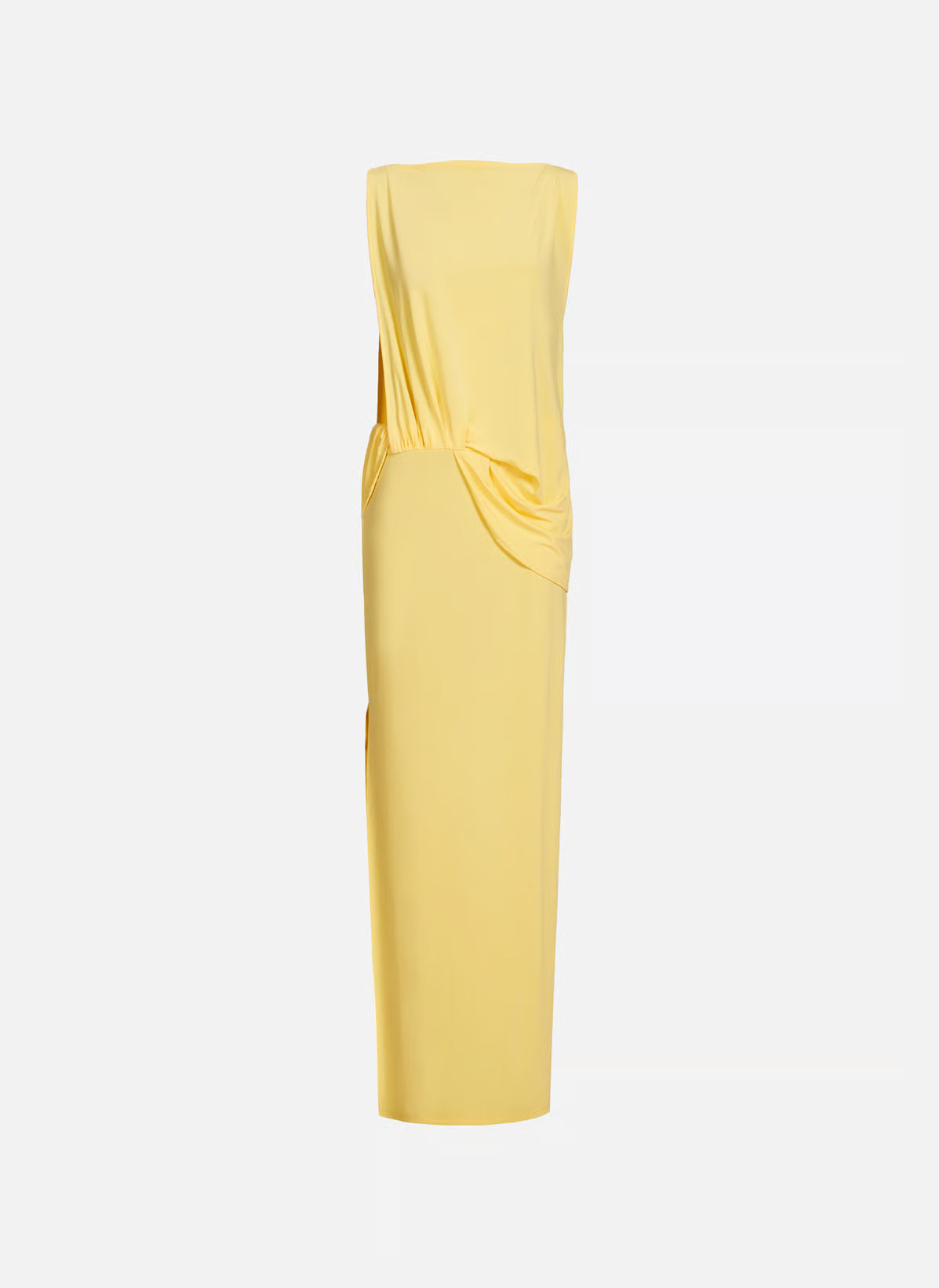 Yellow strapless dress on a light gray background