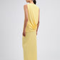 Yellow strapless dress on a light gray background