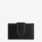 Black leather wallet with a unique strap design on a white background