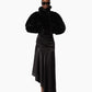 Person wearing a black fur coat and skirt on a white background