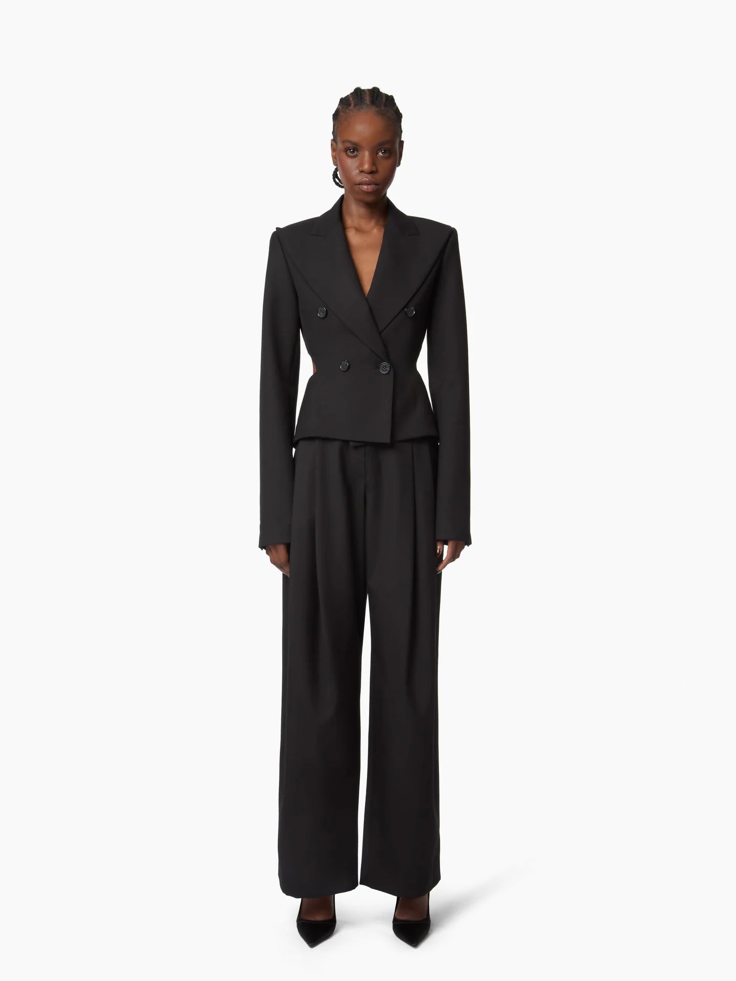 Black wide-leg pants on a white background