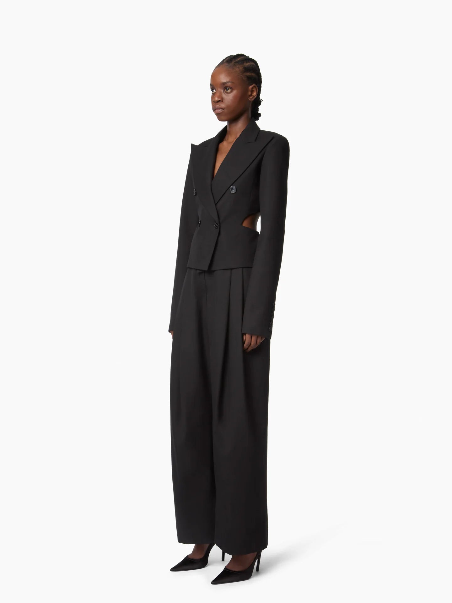Black wide-leg pants on a white background