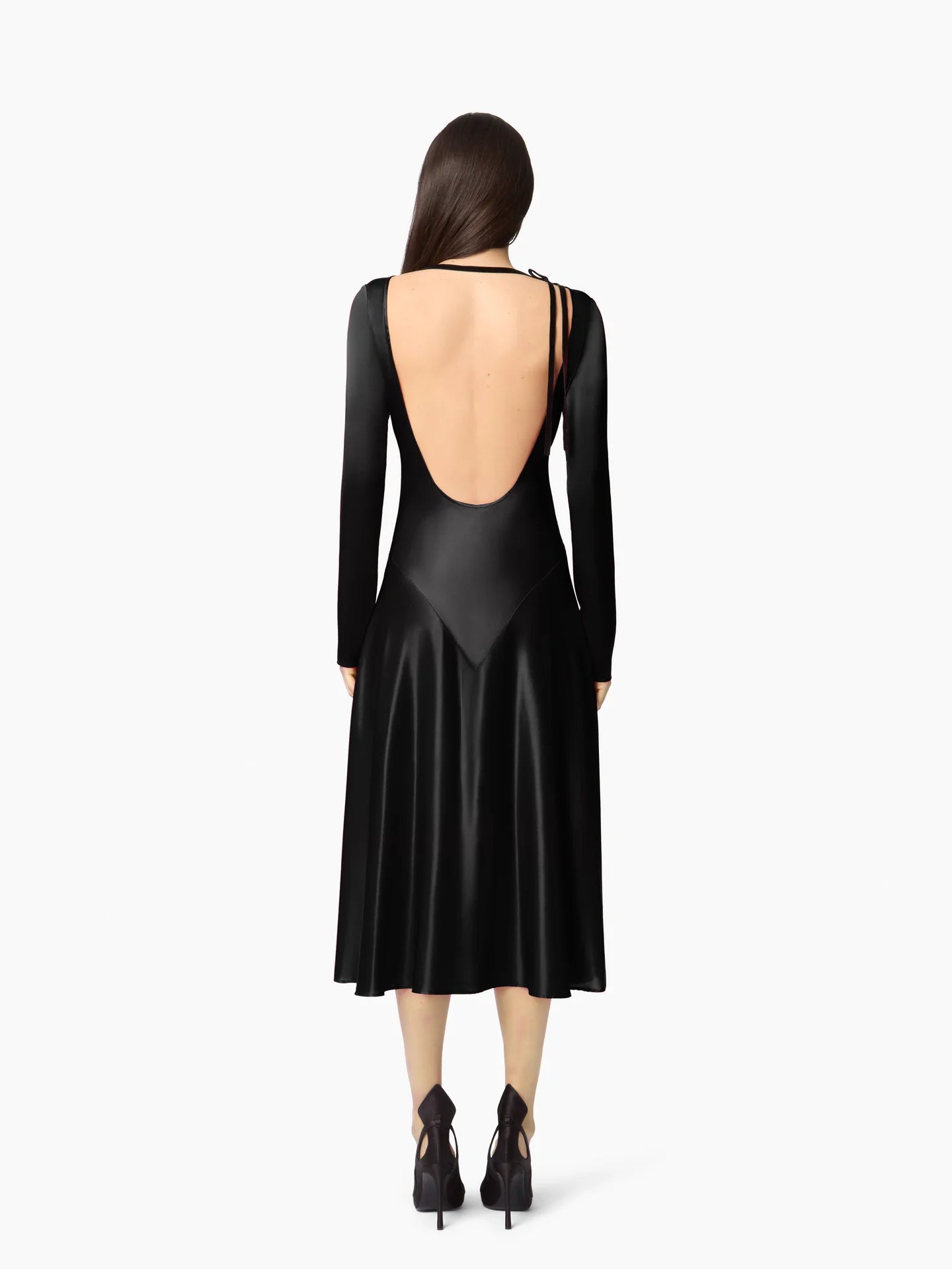 BACKLESS & LONG SLEEVES MIDI DRESS IN SATIN