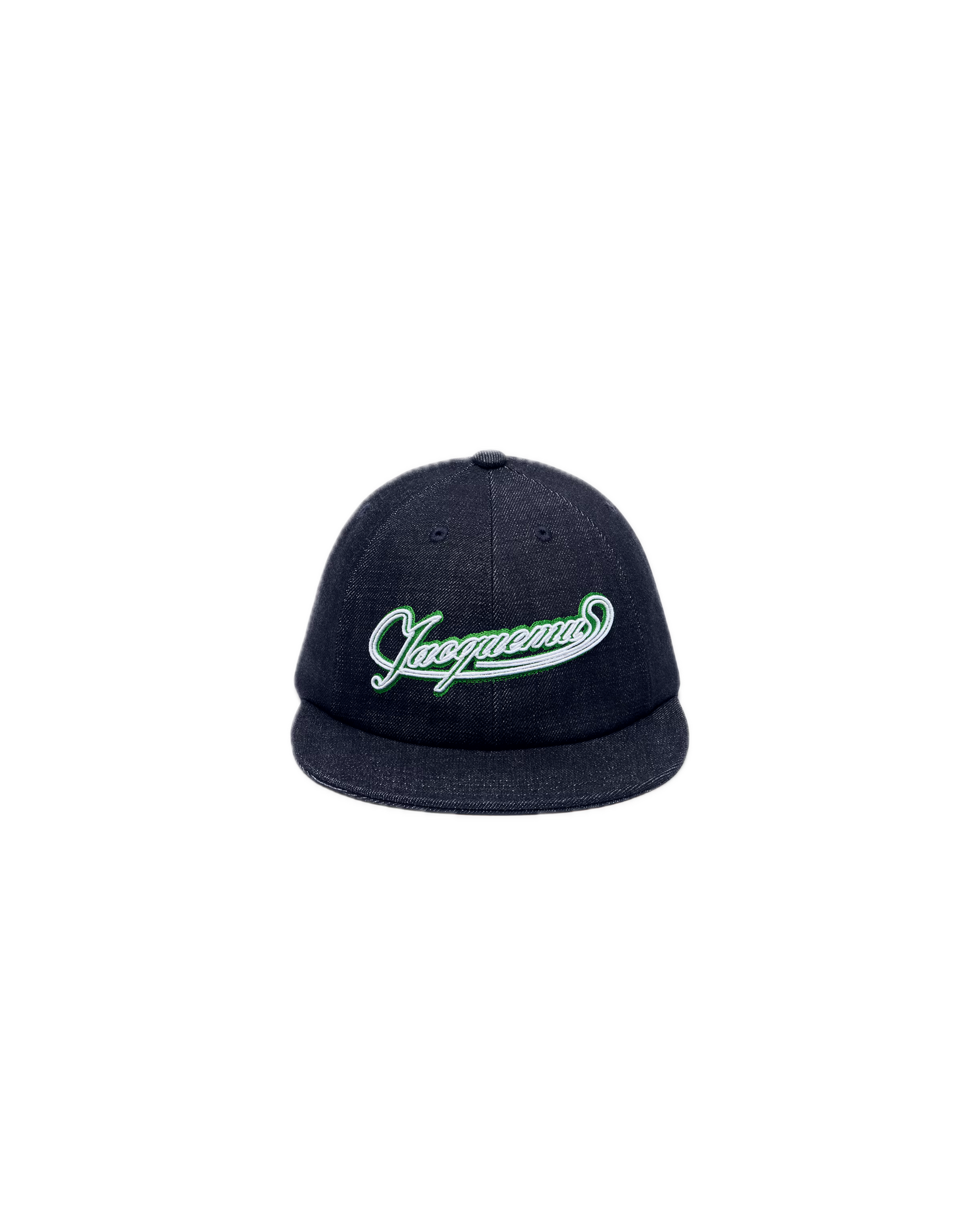 Black cap with green logo on a white background