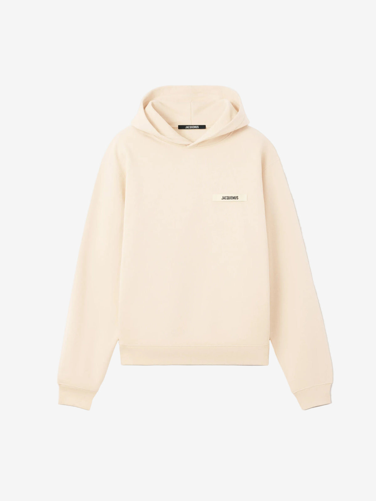 Beige hoodie with a brand logo on a white background