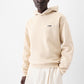 Beige hoodie with a brand logo on a white background