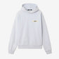 Grey hoodie with a small logo on the chest against a white background