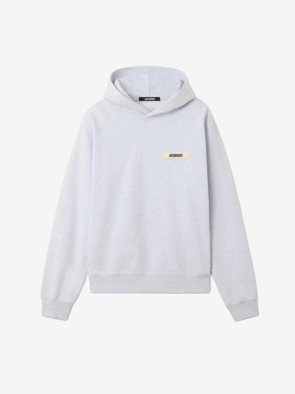 Grey hoodie with a small logo on the chest against a white background