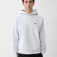 Grey hoodie with a small logo on the chest against a white background