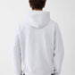 Grey hoodie with a small logo on the chest against a white background