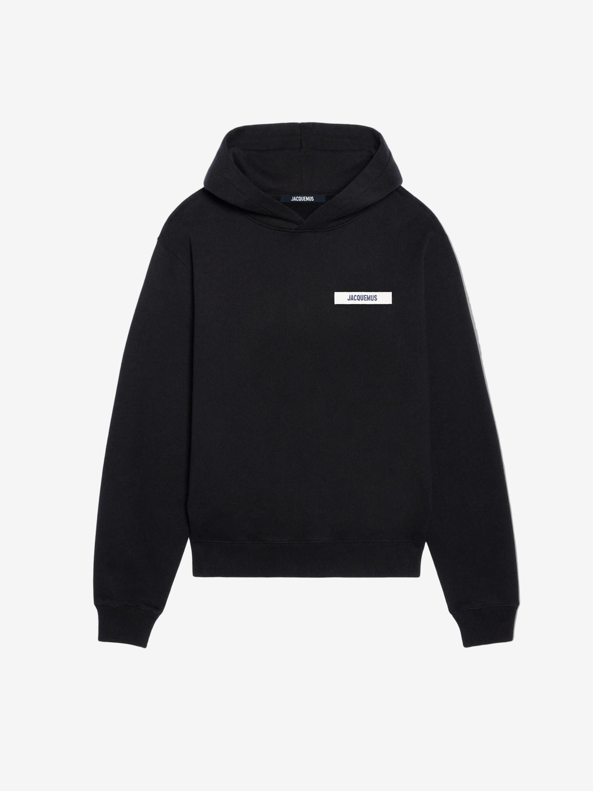 Black hoodie with a small logo on the chest against a white background