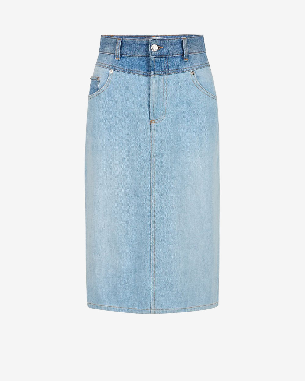 Light blue denim skirt on a white background
