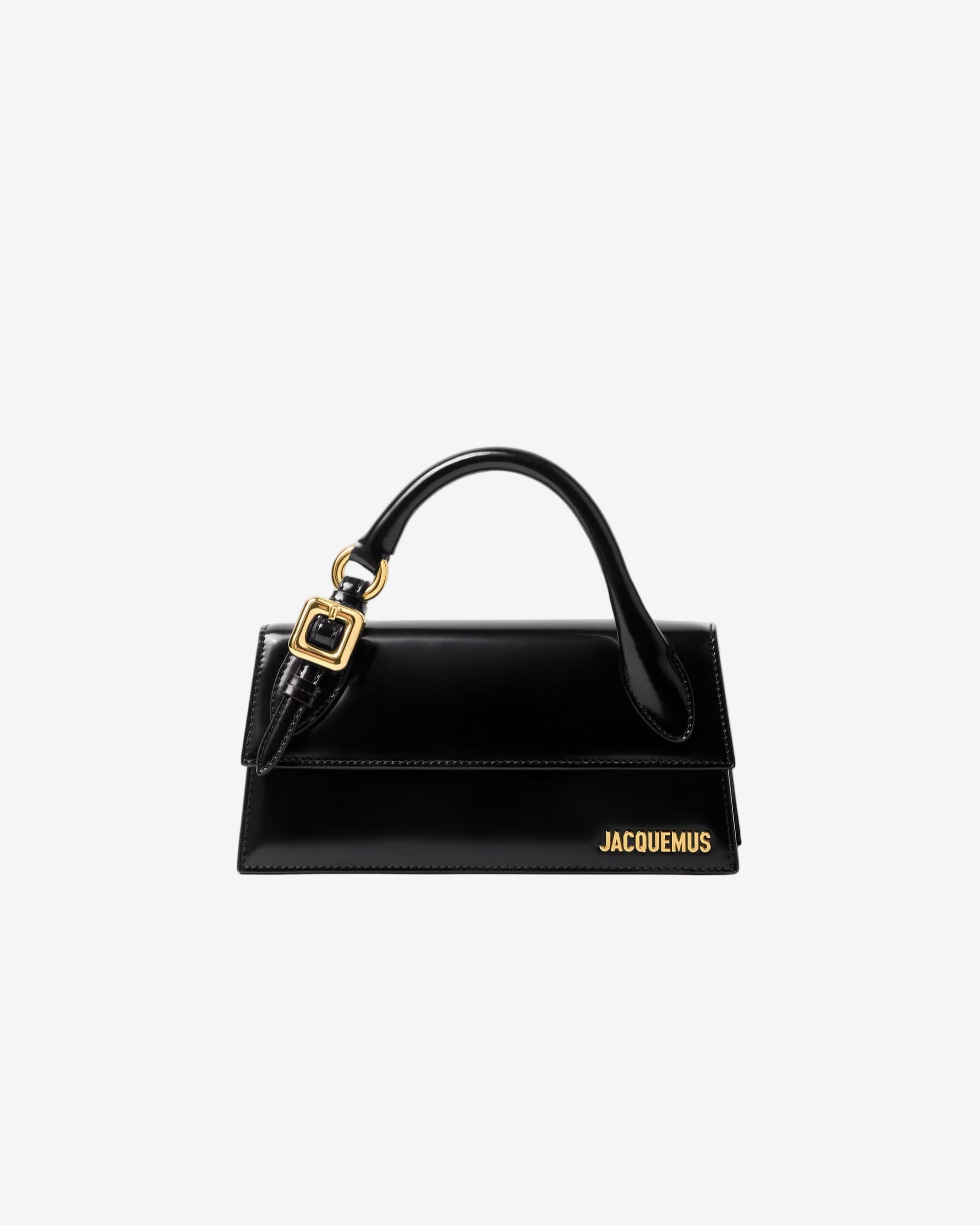 Black handbag with gold accents on a white background