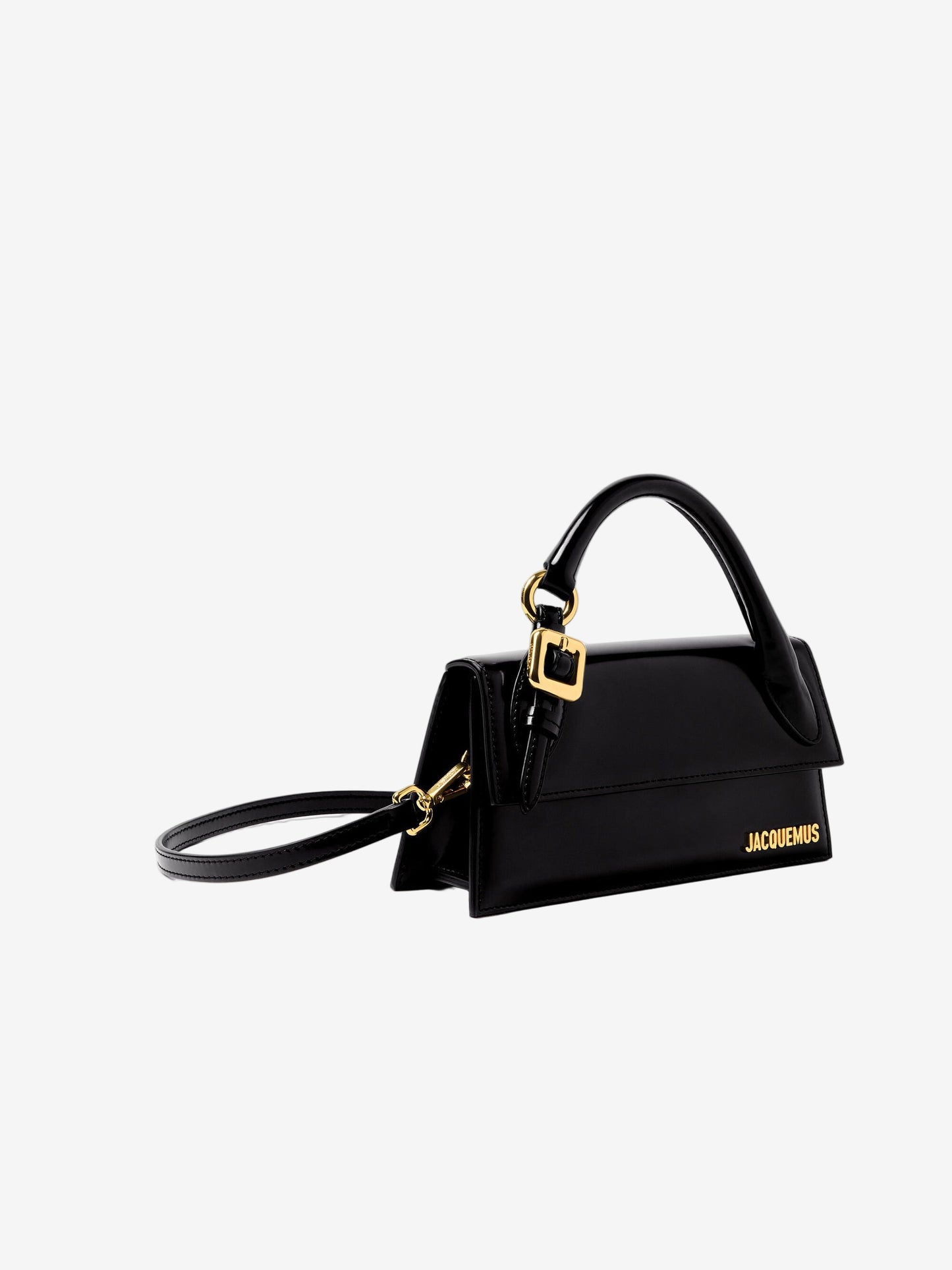 Black handbag with gold accents on a white background