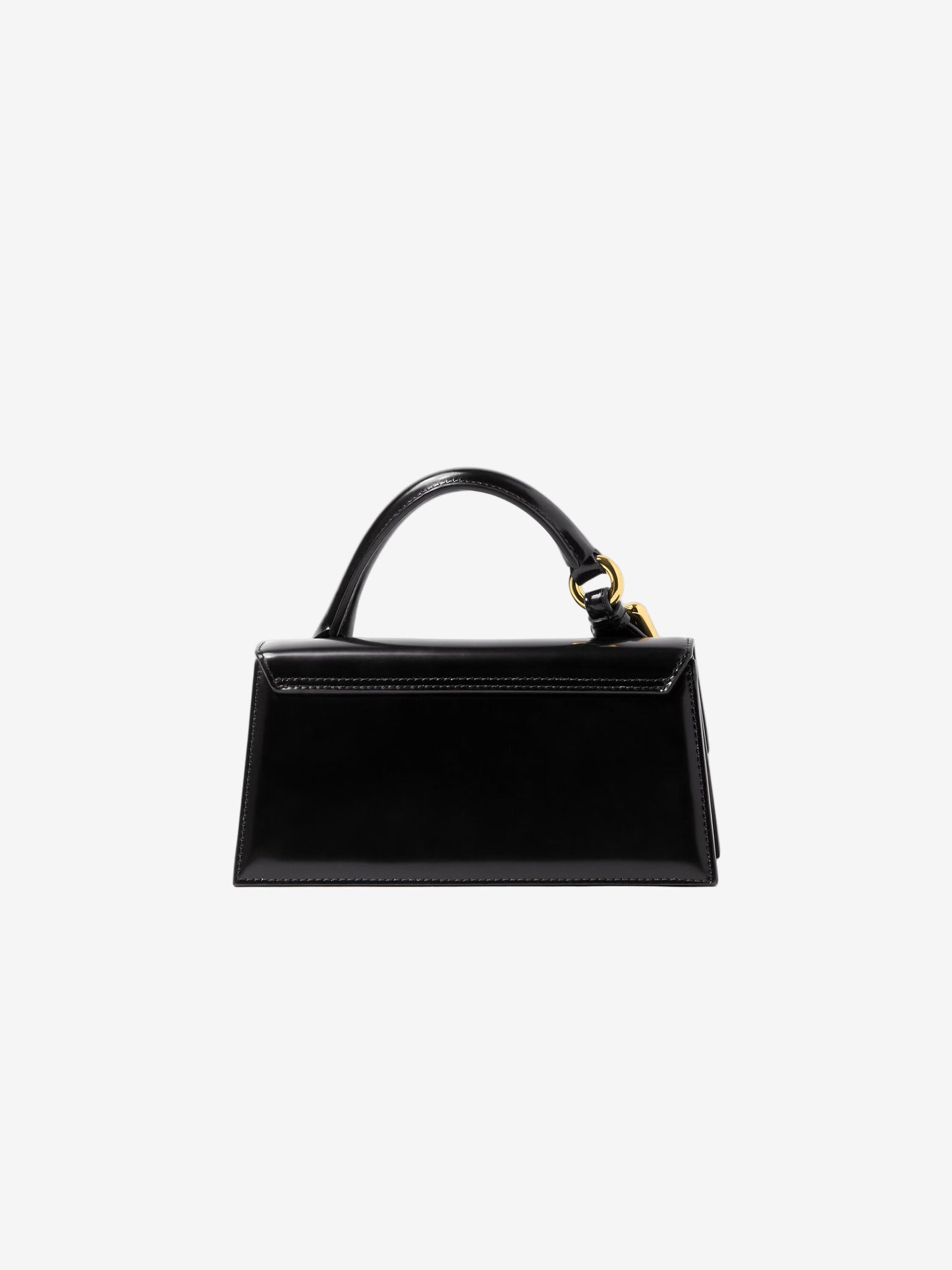 Black handbag with gold accents on a white background