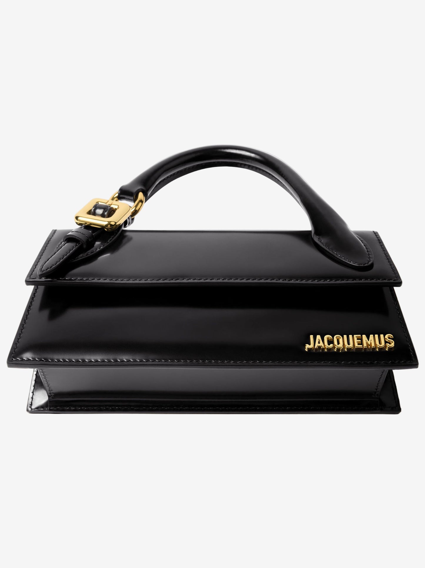 Black handbag with gold accents on a white background