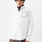 White shirt with a small black logo on the chest against a white background
