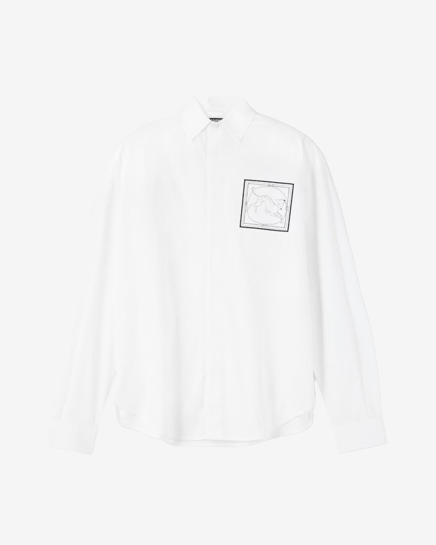 White shirt with a small black logo on the chest against a white background