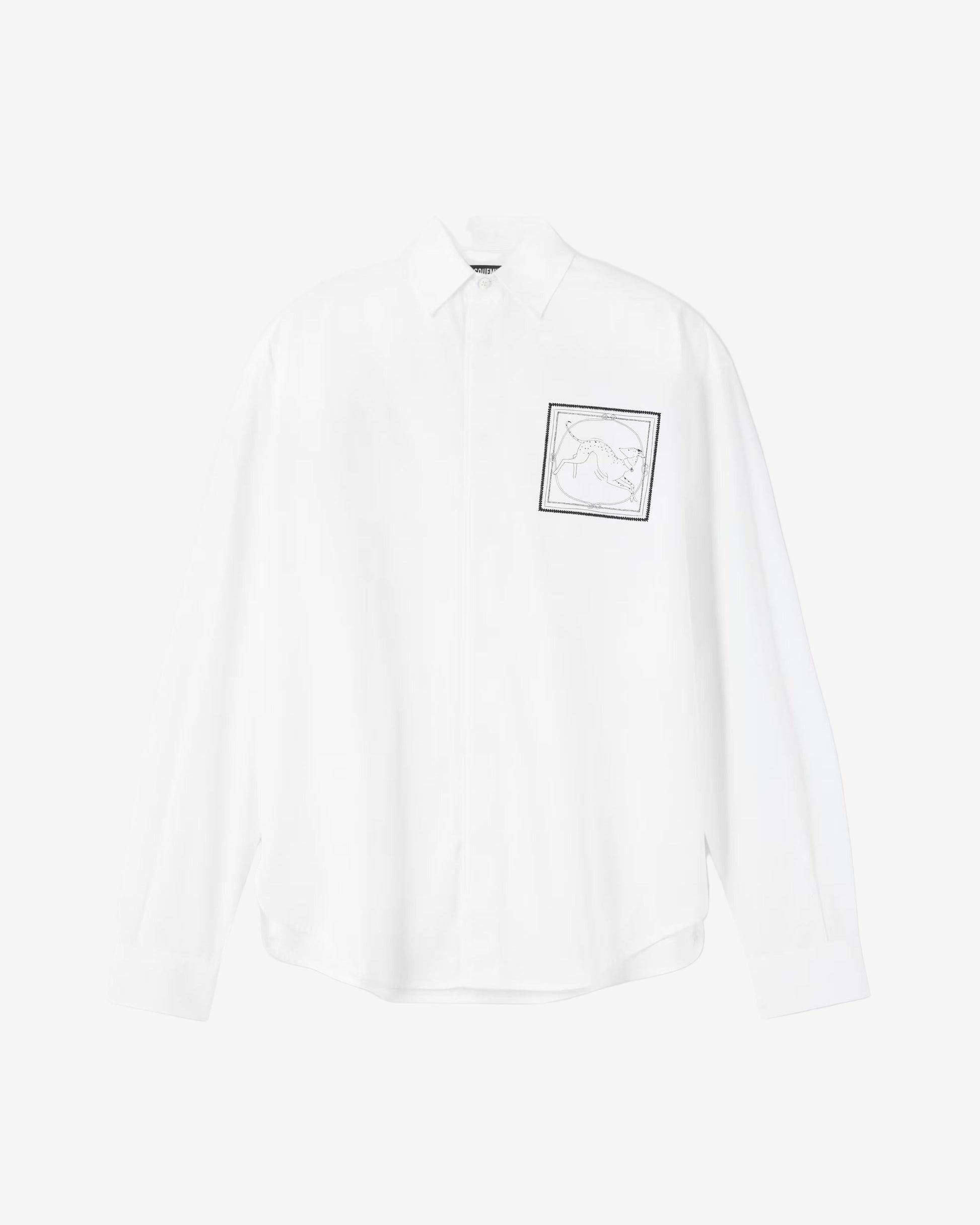 White shirt with a small black logo on the chest against a white background
