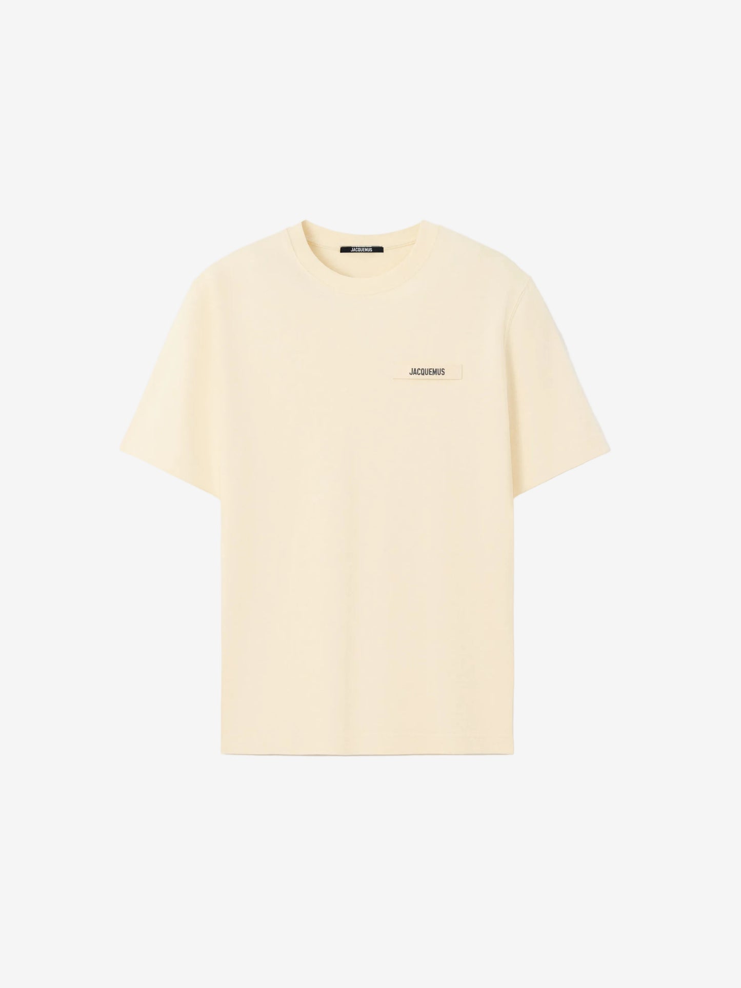 Beige t-shirt with a small logo on a white background