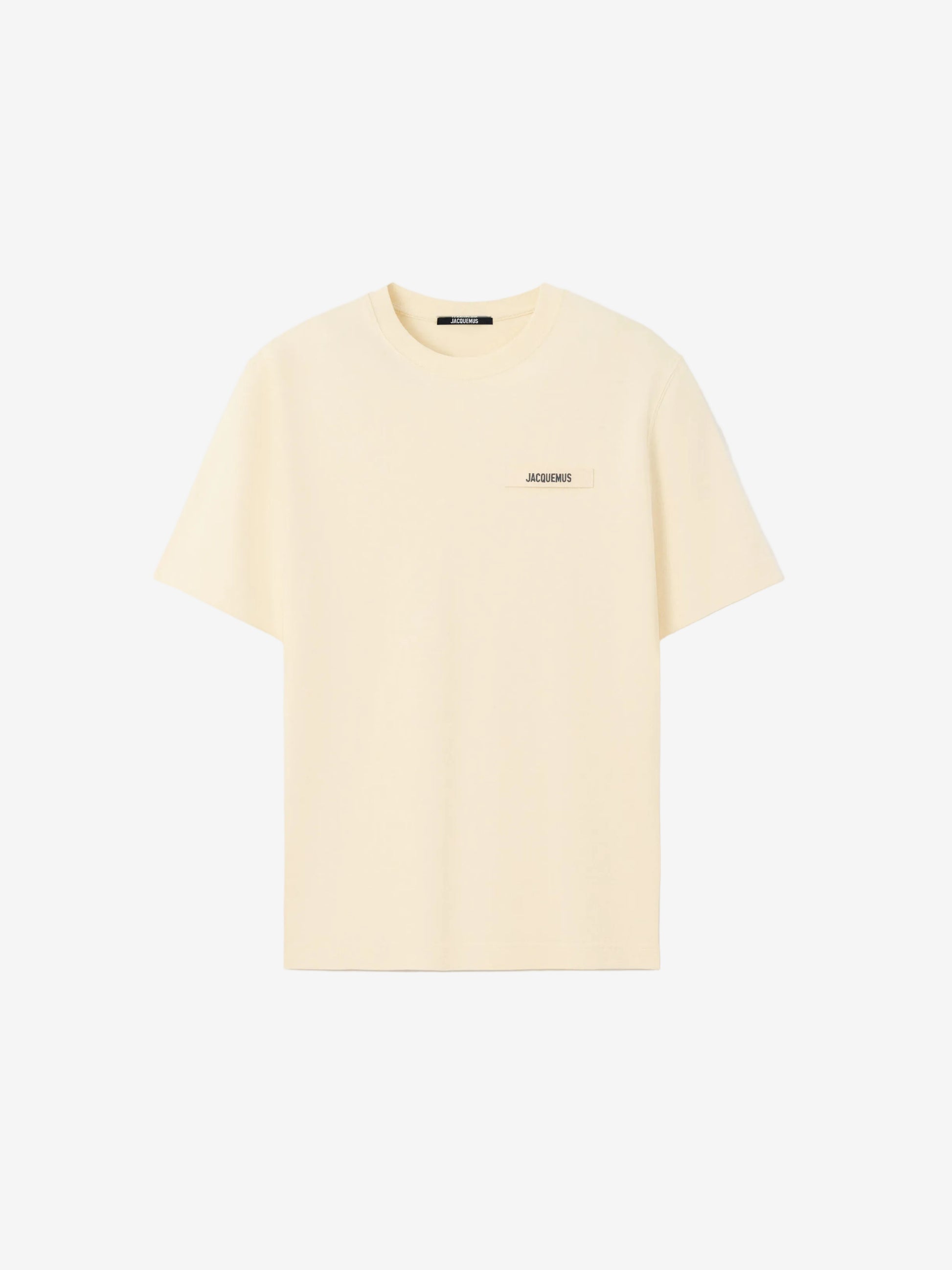 Beige t-shirt with a small logo on a white background