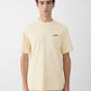 Beige t-shirt with a small logo on a white background