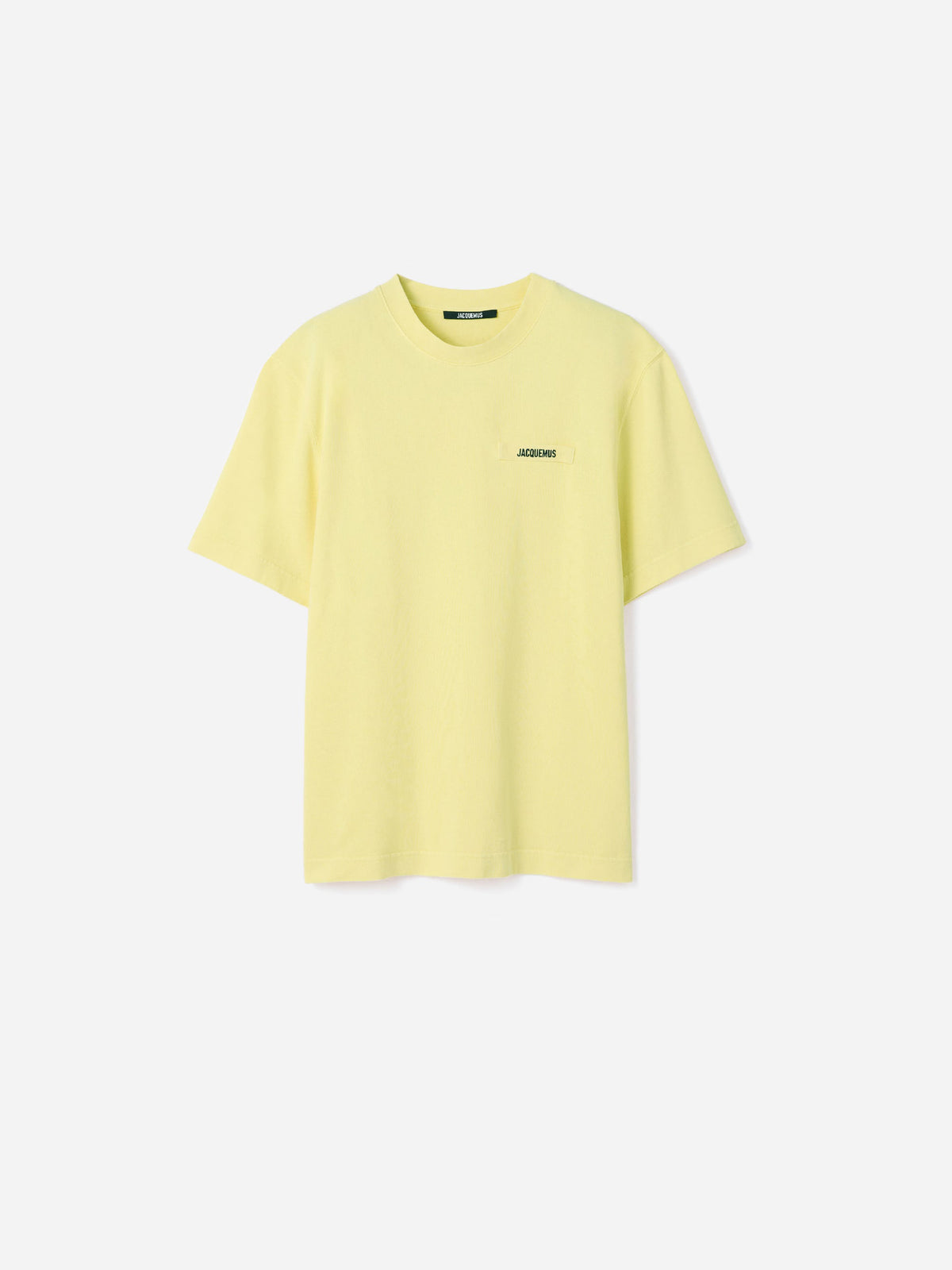yellow t-shirt with a small logo on a white background