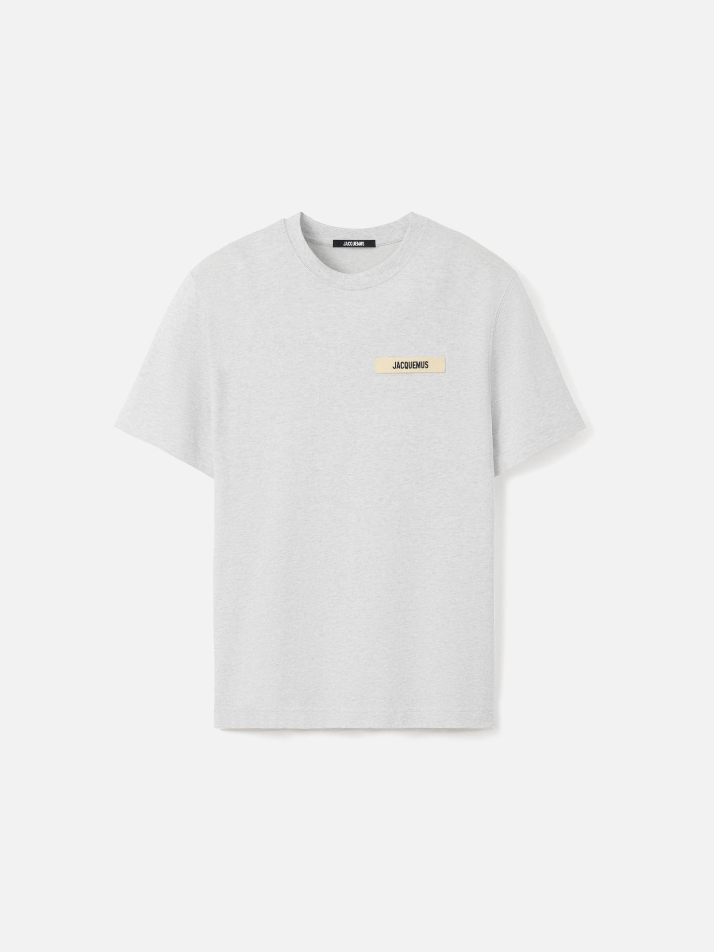 grey t-shirt with a small logo on a white background
