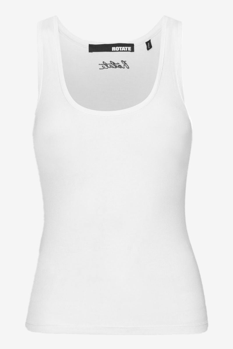 White tank top with a brand label on a white background