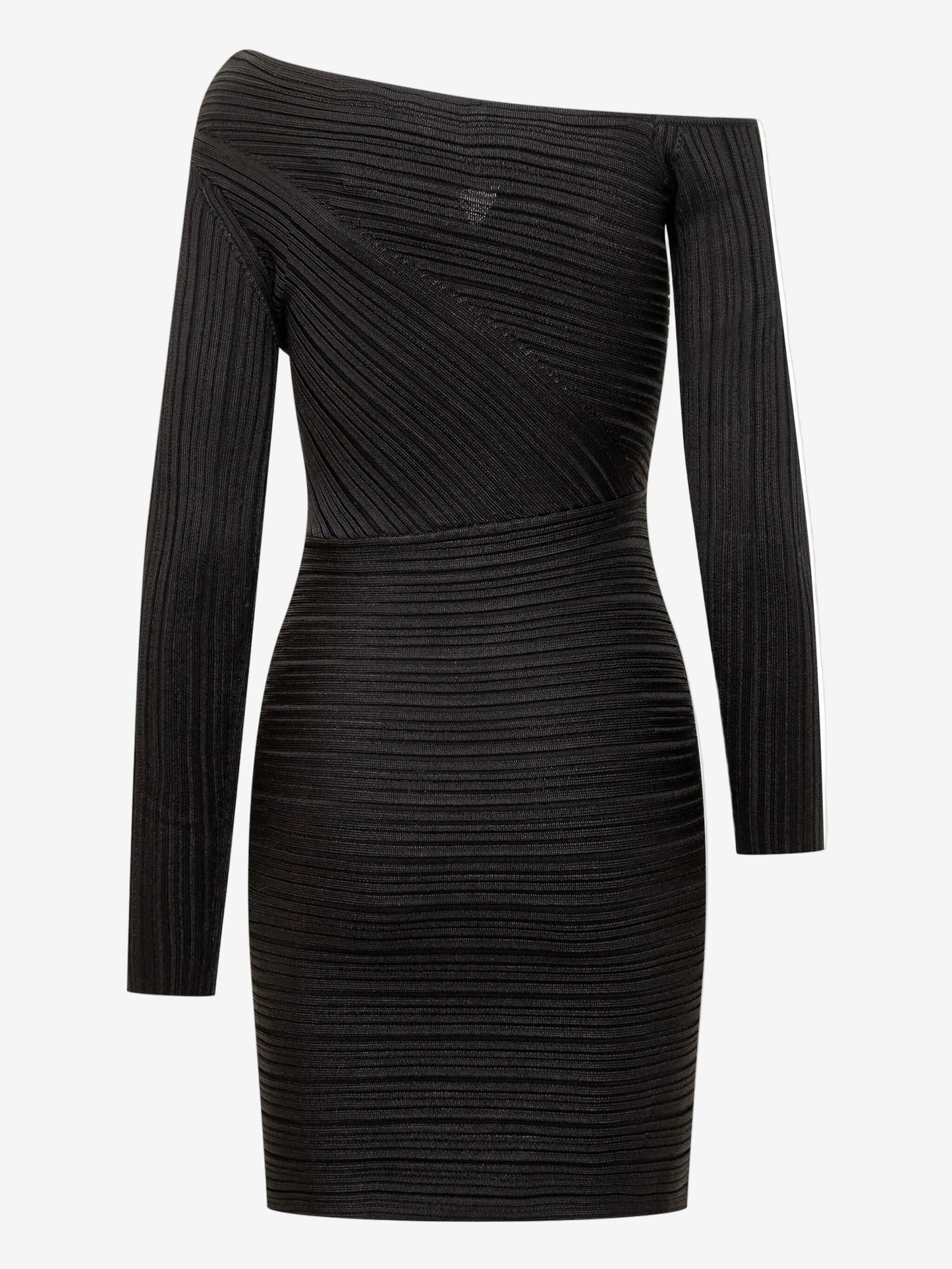 Black off-shoulder dress with long sleeves on a white background