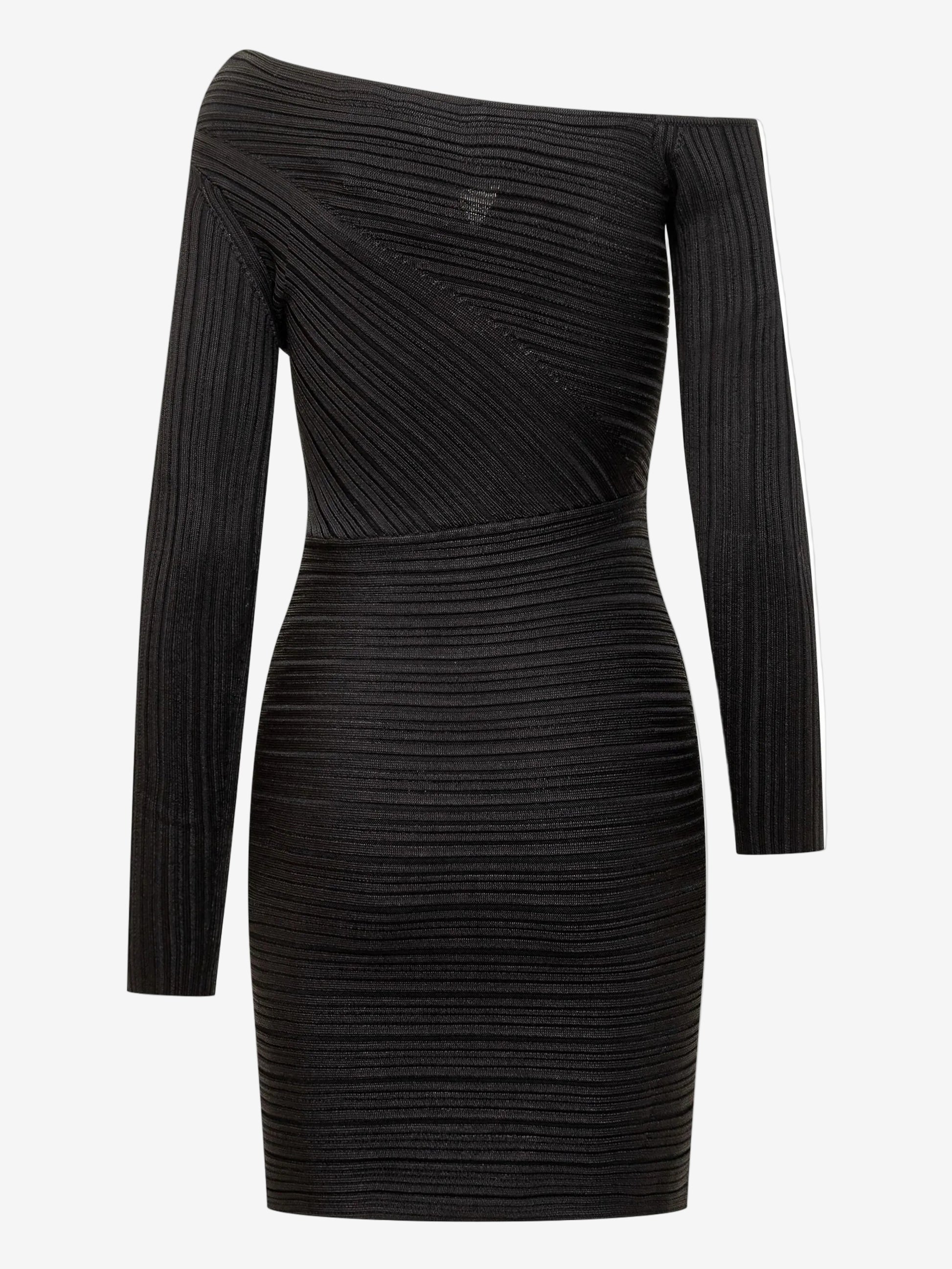 Black off-shoulder dress with long sleeves on a white background