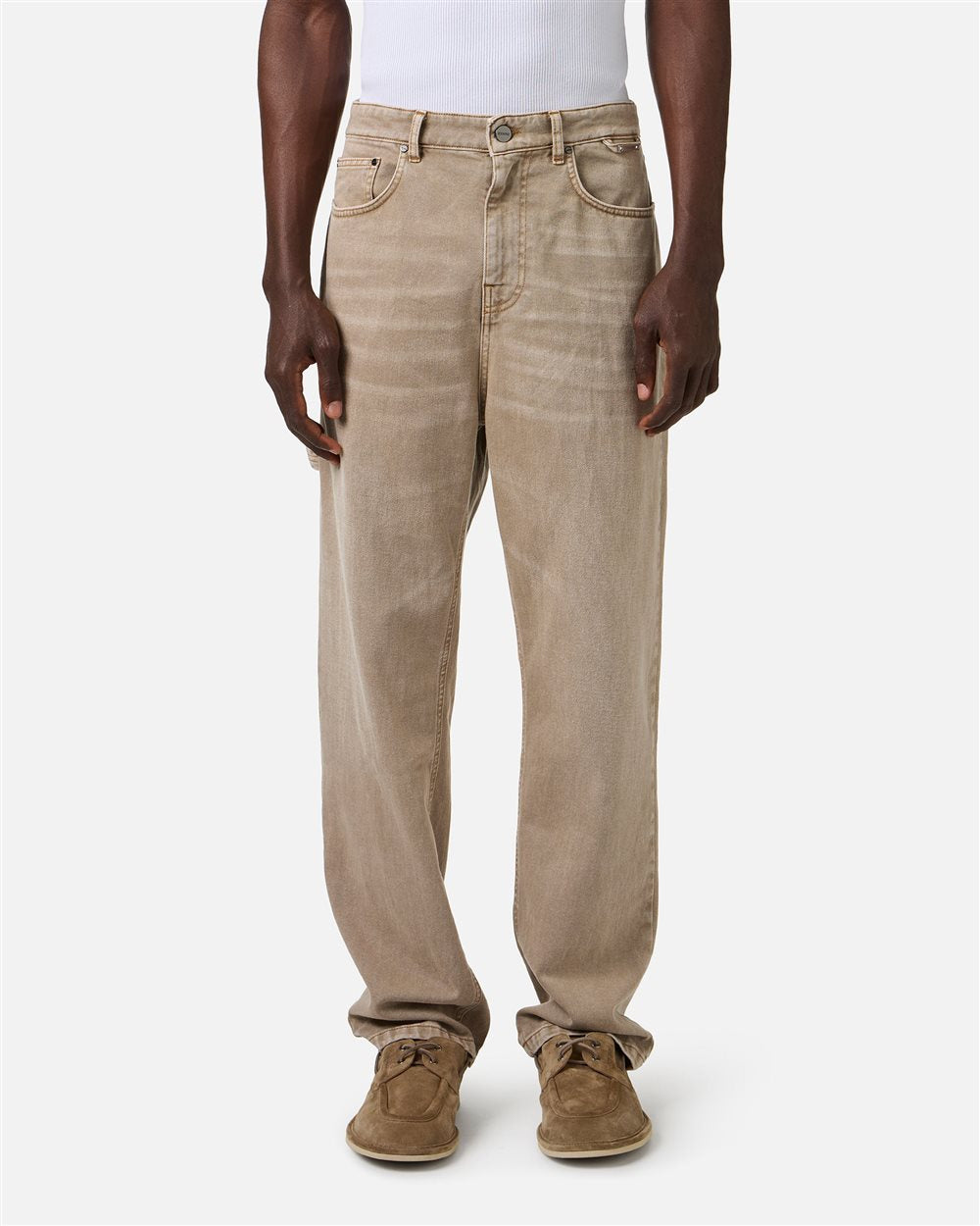 Beige carpenter pants with 5-pockets in bull denim