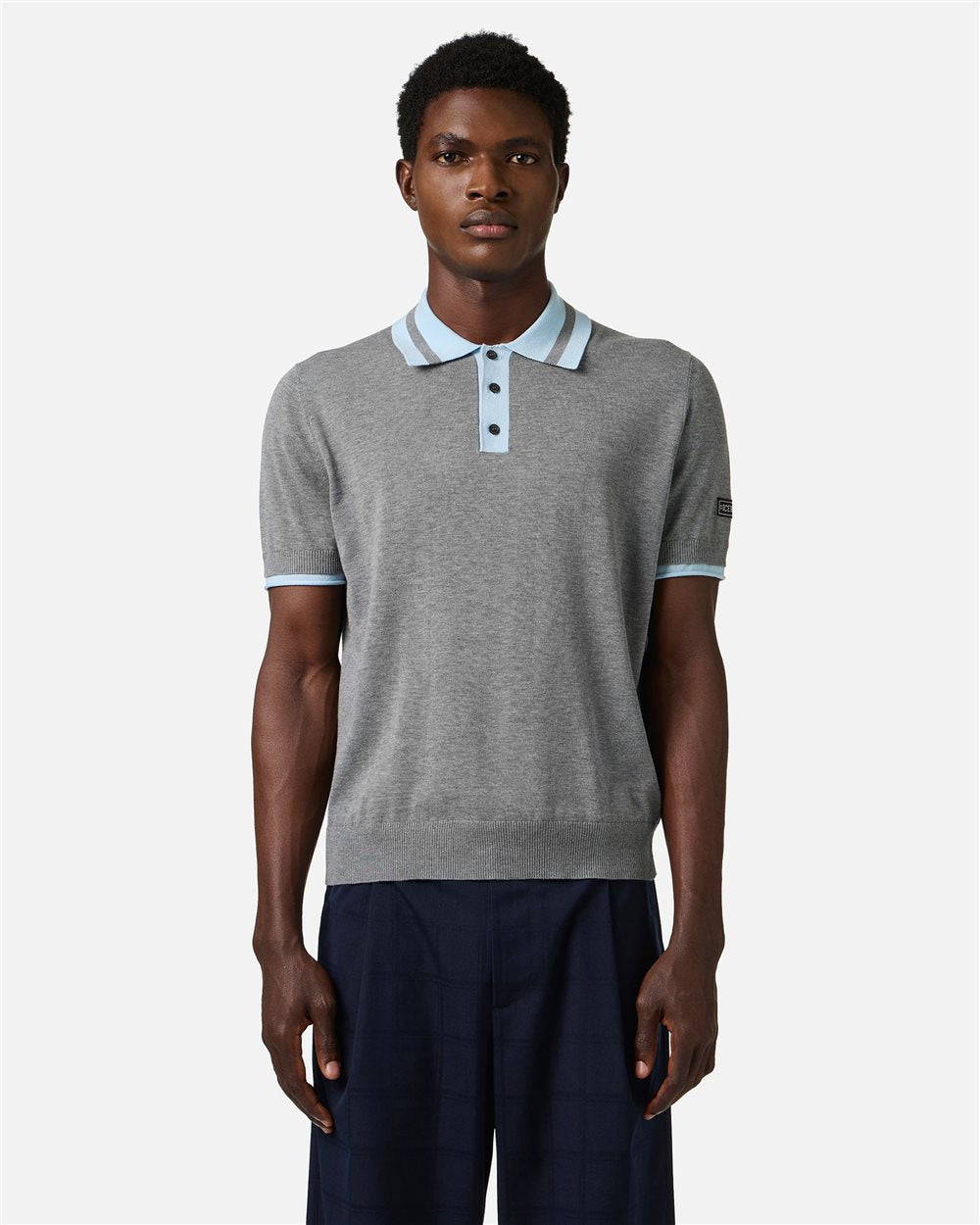 Regular fit light grey melange cotton polo sweater
