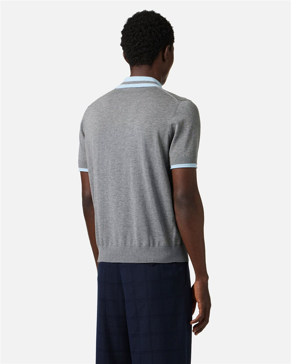 Regular fit light grey melange cotton polo sweater