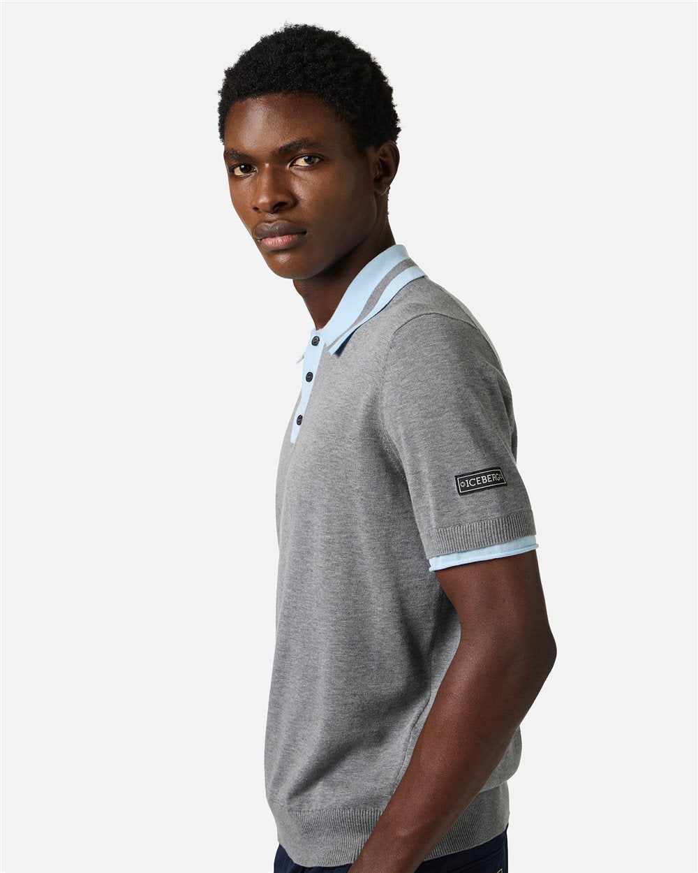 Regular fit light grey melange cotton polo sweater