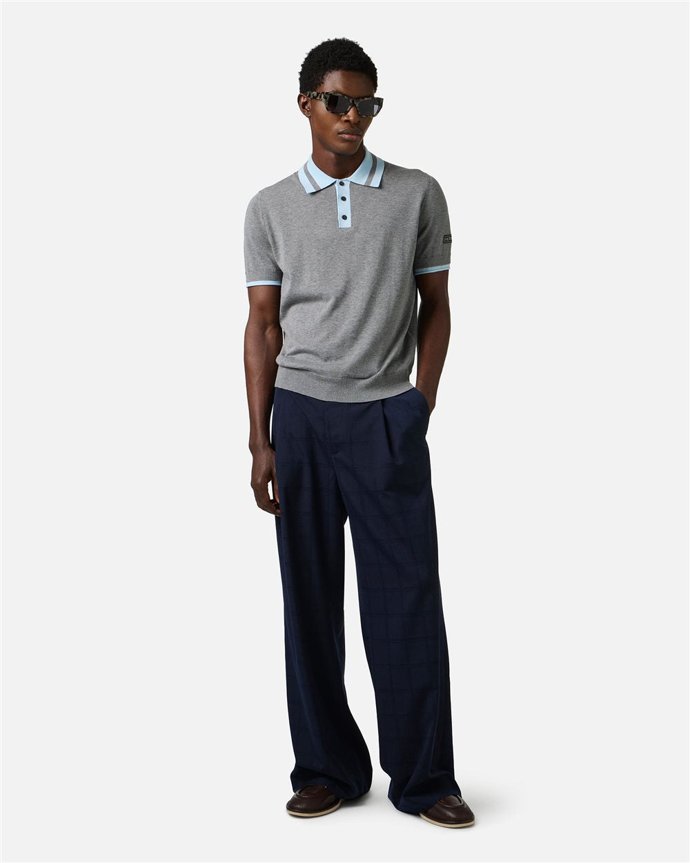 Regular fit light grey melange cotton polo sweater